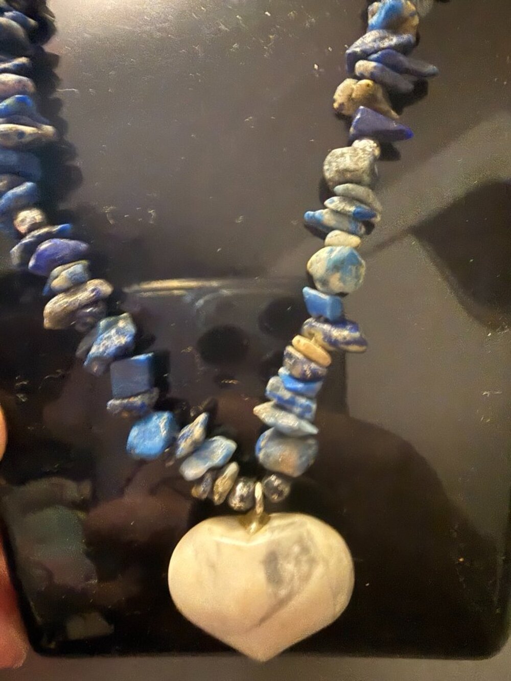 Sodalite Stone Chip Necklace Large White Heart Pendant Blue Gemstone Jewelry